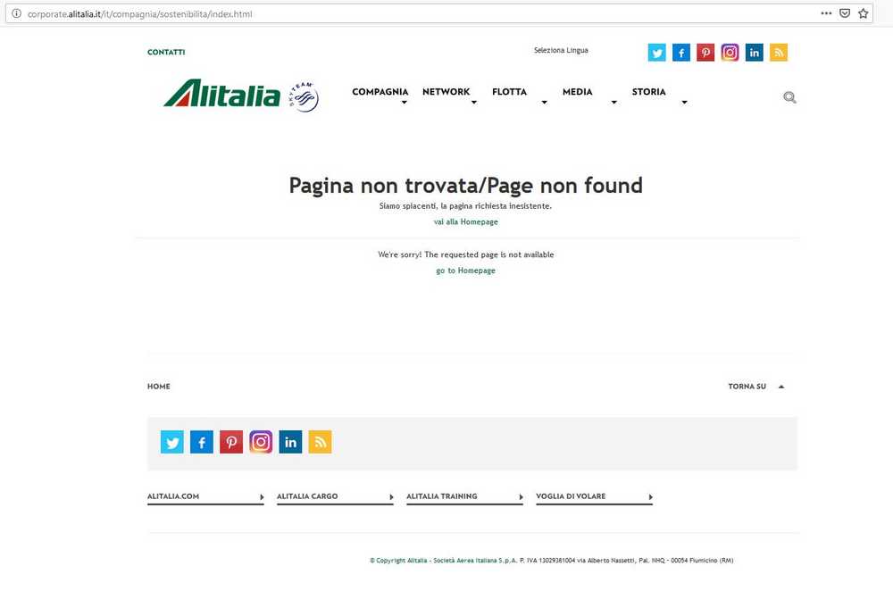 La pagina web "sostenibilità" del Sito Alitalia [23 giugno 2019]